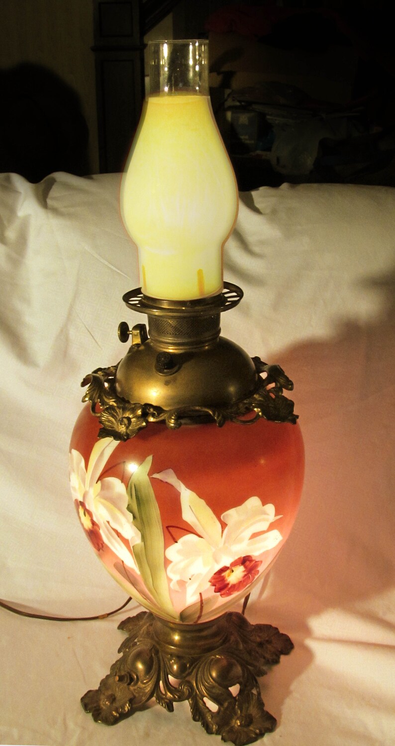 LARGE Antique Brass Oil Lamp Converted to Electric Floral Etsy