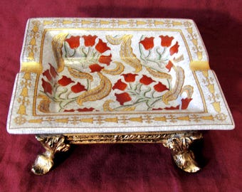 Vintage Floral Gold Gilded Footed Ashtray Dish, Crackle Glaze, Ornate Gold Base