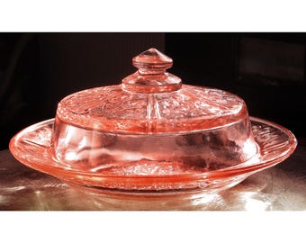Vintage Federal Depression Glass Sharon Cabbage Rose Pink Butter Dish Ohio USA 1930s