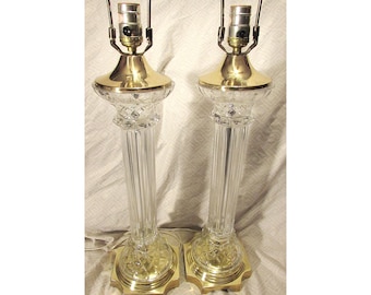 Pair Polish Violetta Crystal and Brass Lamps Hollywood Regency Neoclassical 34"