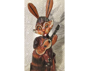 Vintage Large Wooden Hare Sculpture Figurine Hand Carved Rabbit Guitar USSR 1980s Soviet