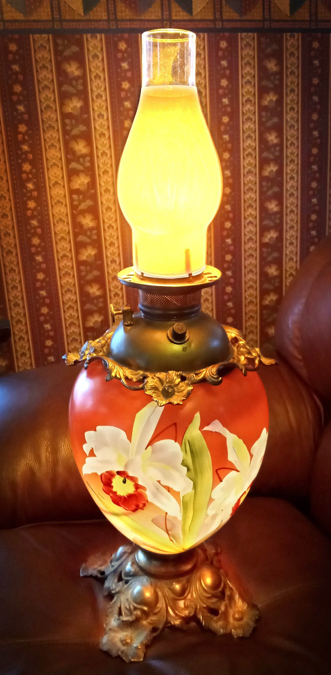 LARGE Antique Brass Oil Lamp Converted to Electric Floral Etsy