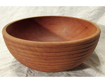 Vintage Handcrafted Turned Wooden Bowl Early Dale Larson Ribbed Pacific Madrone Signed 1999