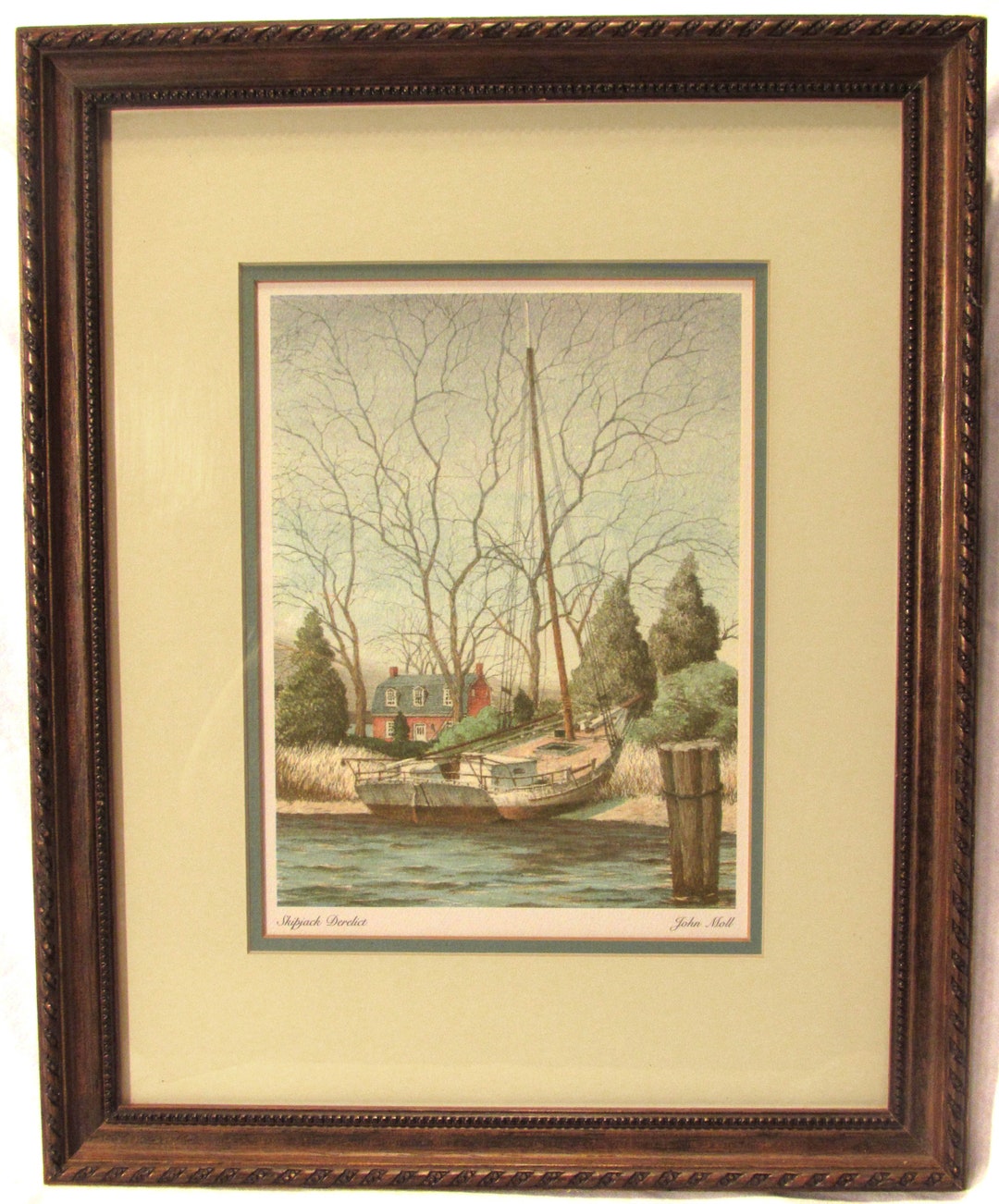 Vintage Wood Frame Print, John Moll, Skipjack Derelict, Sailboat