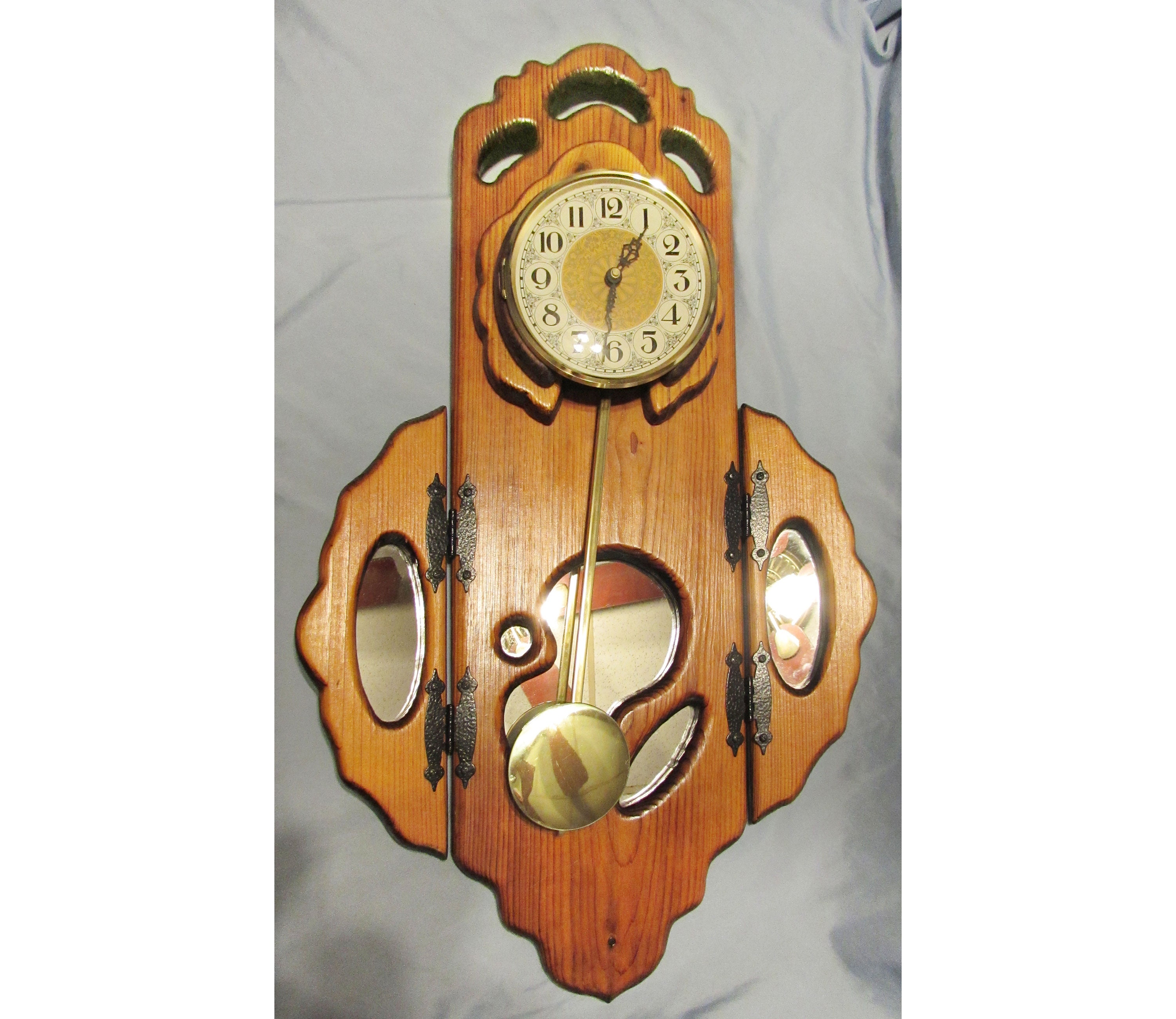 Vintage Tall Wood Wall Pendulum Clock Mirrors, Wing Panels, Made