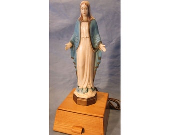 Vintage Virgin Mary, Music Box with Light on Wood Trinket Box Plays Ava Maria, 1950s, Religious, Christian