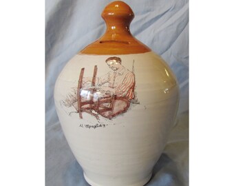Vintage Glazed Clay Money Box Piggy Bank Chair-Maker Illustration, Signed U Mpaglia, Italy, 8.5"