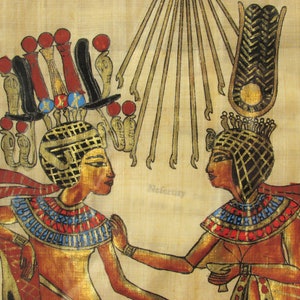Vintage Hand Painted Egyptian Papyrus Painting King Tutankhamun Ankhesenam Gold Leaf & Gouach Paint