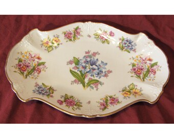 Vtg Bayreuth Gloria Floral Platter 22k Gold Trim Unique Shape Bavaria Germany 1950s 13" Fine Porcelain
