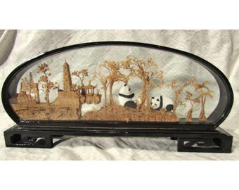 Vintage Chinese Panda Cork Diorama Arched Black Lacquered Shadow Box Case 1980s