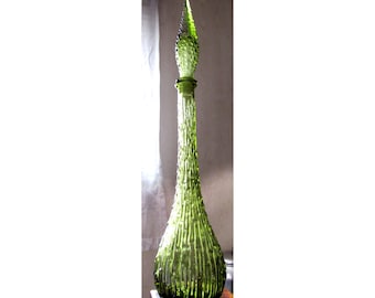 RARE Vtg Green Empoli Glass Decanter Extra Fine with Stopper, Wax Drip Bamboo Hobnail Italy