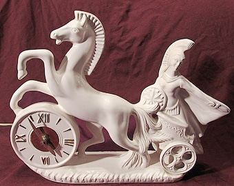 Wonderful Vintage Large Ceramic Roman Goddess Minerva Chariot Mantel Clock Horse Clock Gold Details  16" Works