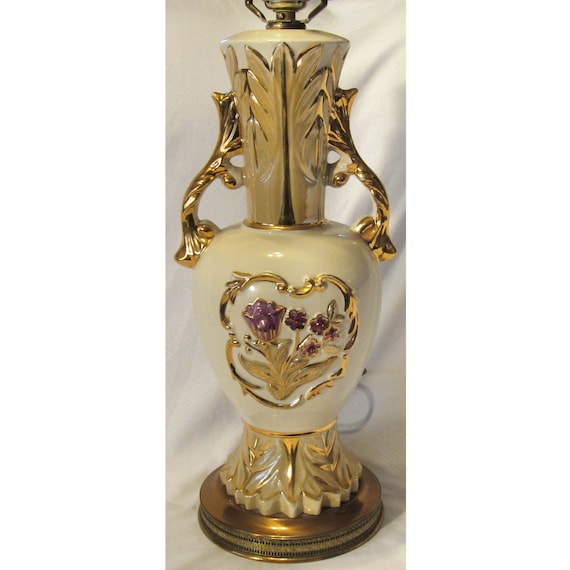 Tall Vintage Leviton Lamp Purple Flowers With Gold Detailing