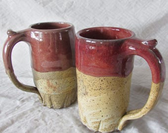 James Coffelt signed Clay Mugs Rich Reddish Brown Tops Large Handles Thumb Rest 1980s