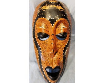 Vintage Large Wood African Geckos Tribal Mask Art with Mother Of Pearl Inlay Handcarved Wall Hanging