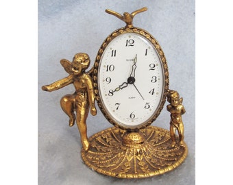 RARE Brass Globe Oval Alarm Clock, Wind up, Cherub, Bird, Glow in the Dark Hands, Trinket Tray Base, West Germany, Vtg