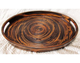 Beautiful Unique Coiled Wood Oval Serving Tray with Handles Mingei Infulenced?