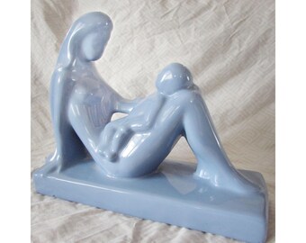 Large Vtg Royal Haeger Mother and Child Ceramic Sculpture Periwinkle Blue Glossy