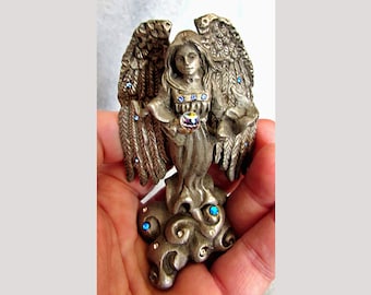 Pewter Angel Figurine holding Crystal Globe, Rhinestone Gems, 3.5" Sunglo USA Highly Detailed 1995