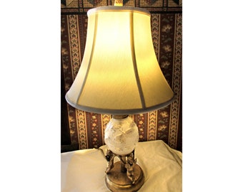 Vintage Frederick Cooper Lamp, 3 Gilt Cherub Base holding Lilique Style Frosted and Clear Glass Raised Butterfly Globe