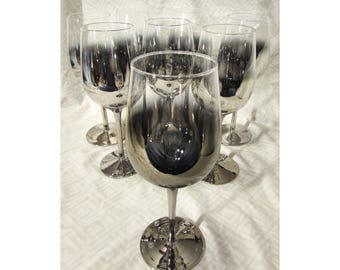 Elegant Hand-blown Wine Glasses Silver Ombre Fade Thin Crystal Long Stems Tall 9"