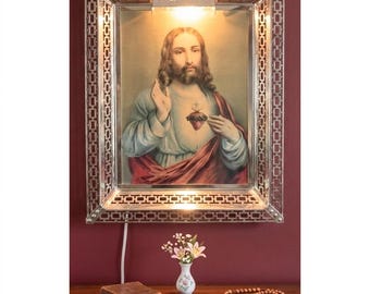 Vtg Lighted Sacred Heart of Jesus Lenticular Religious Picture Latticed Brass Frame 1950s
