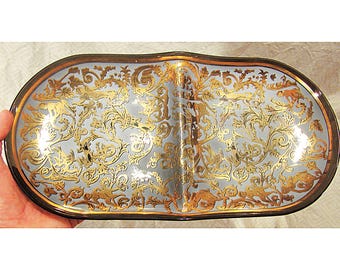 Fantastic Vtg Smokey Oval Glass Gilded Putto Angels Cherubs Birds Divided Tray 1950s