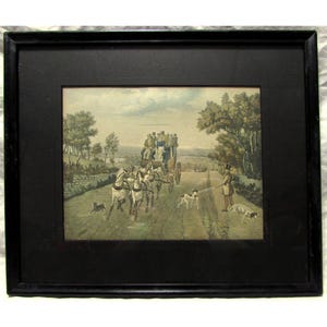 Antique Stagecoach Print, Hunt Lithograph Victorian England Scenery Framed and Matted Art S.E. Jones 1850s