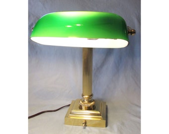 House of Troy Banker's Desk Lamp, Shelburne Collection, Heavy, Polished Brass, Green Glass Shade, 13.75" USA