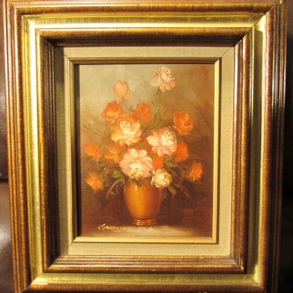 Robert Cox Still Life Vase Roses Oil Painting Flowers 17x15" Gold Detailed Frame, Vintage
