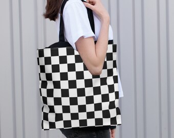 Black and White Checkered Tote Bag Retro Vintage Punk Van Checkerboard Shoulder Bag for Teen Tween Skater Girl