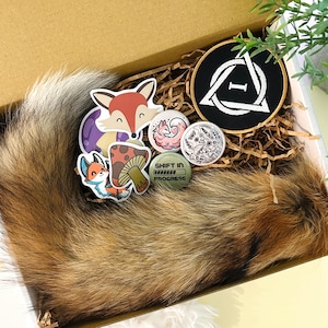 Therian Gift Box | Red Fox Tail Keychain, Therian Patch, Nature Stickers & Pins | Furry Therian Oddity Mystery Gift Idea for Tween Teen Girl