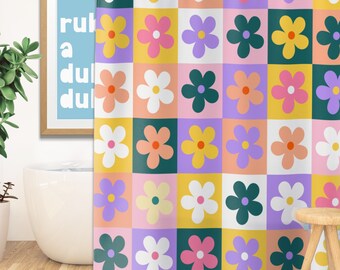 Blumen Duschvorhang Groovy Blumen Quilt Badezimmer Dekor Retro Gänseblümchen Lange Duschkabine für Spaß Girly Bunte Kinder Stoff Duschvorhang