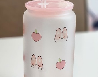 Corgi Peach 16oz | Glass Cup with Pink Lid - Frosted Kawaii Cup Gift Idea