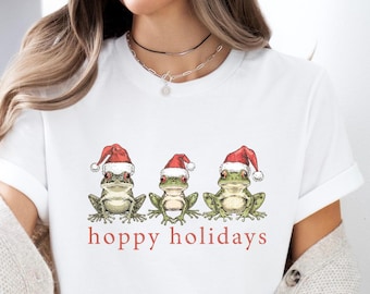 Hoppy Holidays Frog T-Shirt, Vintage Cottagecore Tshirt, Santa Frog Shirt, Frog Toad Lovers Christmas Tee, Gift for Frog Lovers