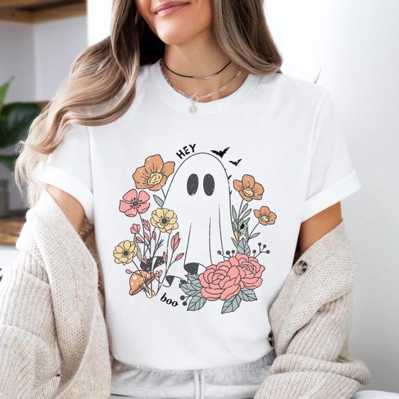 Halloween CottageCore Ghost T Shirt Spooky Coquette T-Shirt Girly Ghost Hey Boo T Shirt Bella + Canvas Spooky Season Top Outfit