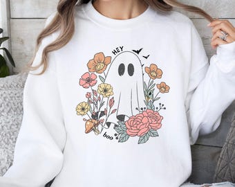 Halloween CottageCore Geist Sweatshirt - Gruseliges Coquette Shirt - Girly Geist - Hey Boo Rundhalsausschnitt - Damen Gruselsaison Top Outfit