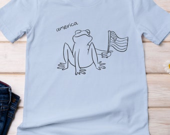 Blue Frog 4th of July Tee, Fourth of July Tshirt, Unisex Patriotic Shirt, America Shirt, American Flag, Red White & Blue, USA, Cottagecore