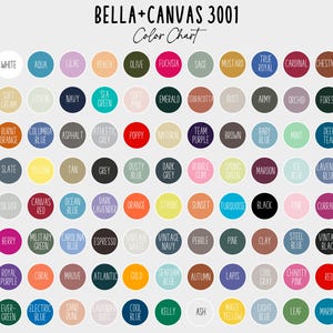 May include: Color chart for Bella + Canvas 3001 apparel, featuring a grid of 72 color swatches. The chart includes a variety of colors, including white, black, red, blue, green, yellow, orange, purple, pink, brown, and gray.
