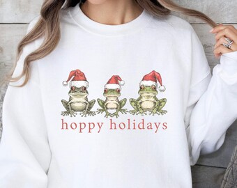 Unisex Hoppy Holidays Frog Sweatshirt, Vintage Cottagecore Shirt, Santa Frog Shirt, Frog Toad Lovers Christmas Top, Gift for Frog Lovers
