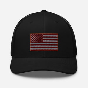 American Flag Embroidered Trucker Cap | Red Tint, Stylish and Adjustable, Perfect for Patriotic Events & Everyday Wear