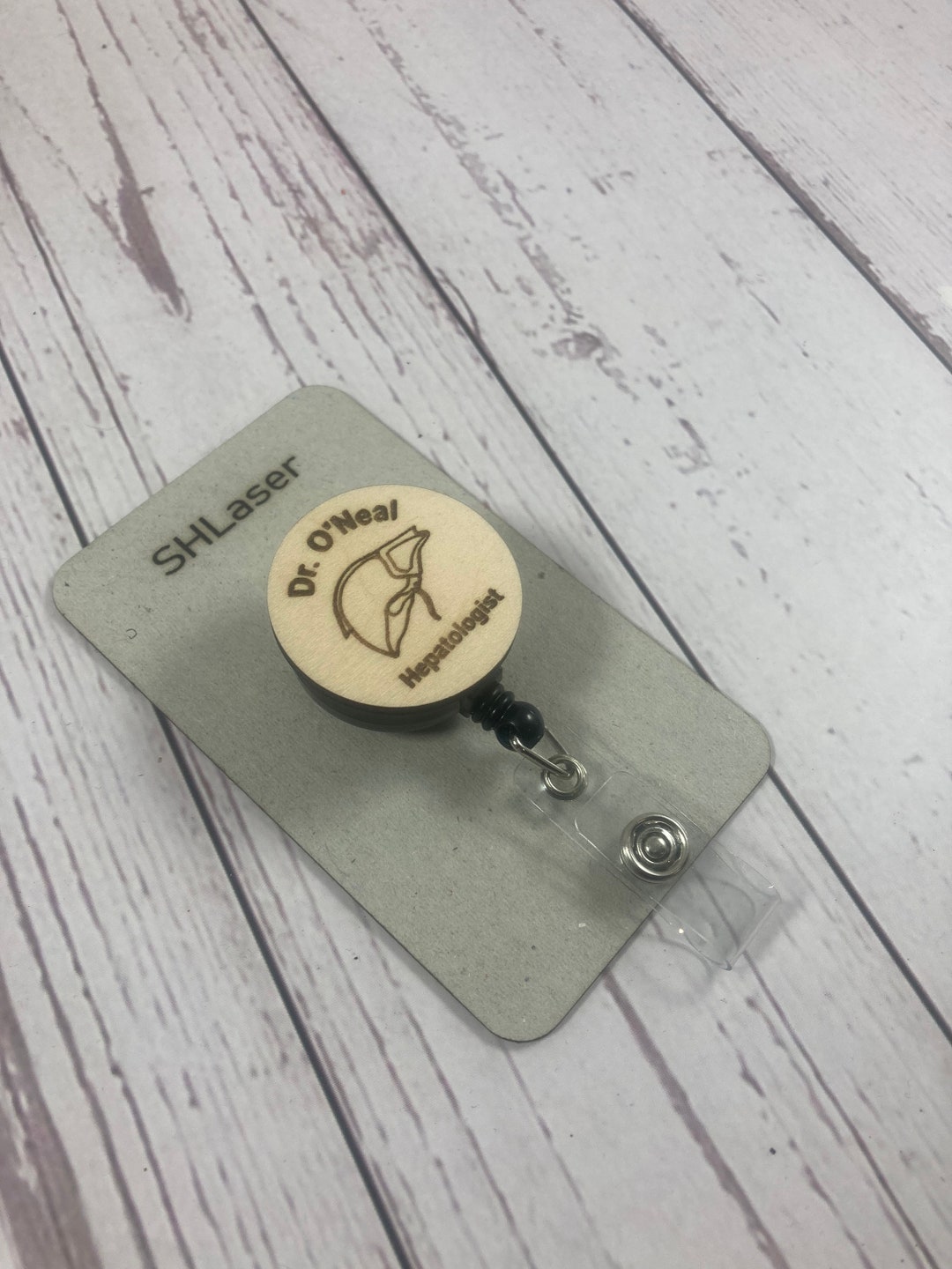 Personalised Medical Badge Reel, Wood Engraved Retractable ID Badges