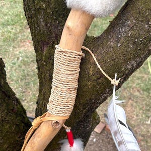 Handcrafted Woodland Staff: Rabbit Fur, Feathers, Danish Cord