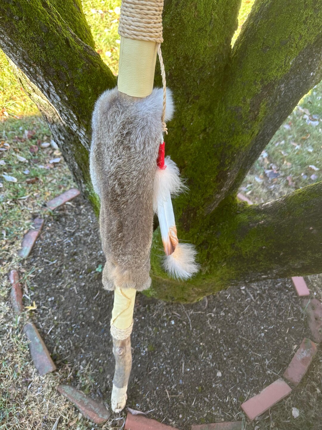 Shamanic Rabbit Handcrafted Rabbit Fur Shamanic Staff: Feather & Leather Accent Walking ...