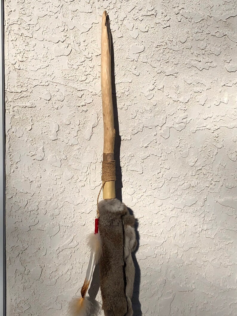 Shamanic Rabbit Handcrafted Rabbit Fur Shamanic Staff: Feather & Leather Accent Walking ...