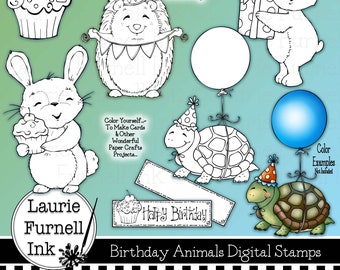 Birthday Animal Digital Stamps/Turtle Digi Stamp/ Hedgehog Digi Stamp/Bunny Digi Stamp/Cupcake Digi Stamp/Adult Coloring Page/Laurie Furnell