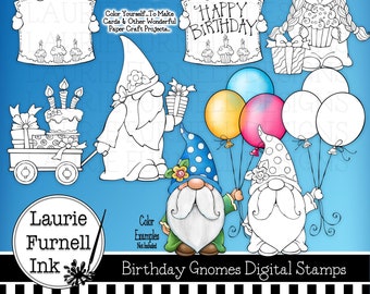 Timbres numériques Gnome, Timbres numériques du jour d’anniversaire, Timbres Digi, Pages de coloriage pour adultes, Laurie Furnell, Timbres Gnome Digi, Fourniture de fabrication de cartes