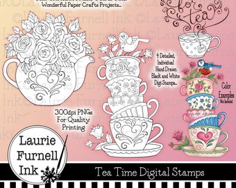 Rose Digital Stamps, Teapot Digital Stamp, Digi Stamps, Coloring Pages, Laurie Furnell, Tea Cup Digi Stamps, Card Making Supply
