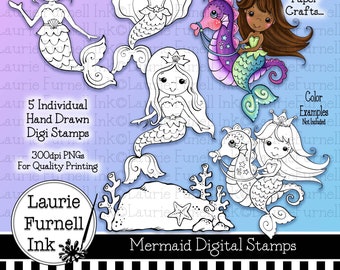 Mermaid Digital Stamp, Mermaid Digi Stamps, Digi Stamps, Adult Coloring Pages, Laurie Furnell, Under The Sea Digi Stamps, Card Making supply