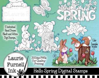 Spring Digital Stamps,Bunny Digital Stamps,Hello Spring Stamp,Digital Stamps,Laurie Furnell,Digi Stamps, Butterfly Stamp,Adult Coloring Page